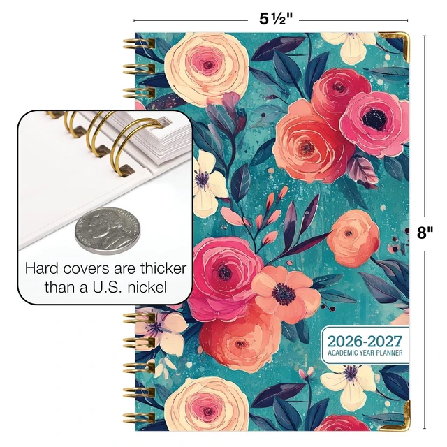 Alt view image 3 of 7 - HARDCOVER Academic Year 2026-2027 Planner: 14 Months (May 2026 Through June 2027) 5.5"x 8" Daily Weekly Monthly Planner Yearly Agenda. Bookmark, Pocket Folder and Sticky Note Set (Teal Floral)