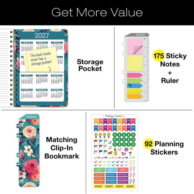 Alt view image 4 of 7 - HARDCOVER Academic Year 2026-2027 Planner: 14 Months (May 2026 Through June 2027) 5.5"x 8" Daily Weekly Monthly Planner Yearly Agenda. Bookmark, Pocket Folder and Sticky Note Set (Teal Floral)