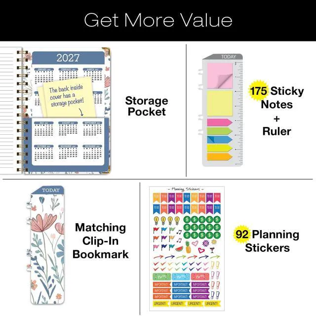 Alt view image 4 of 7 - HARDCOVER Academic Year 2026-2027 Planner: 14 Months (May 2026 Through June 2027) 5.5"x 8" Daily Weekly Monthly Planner Yearly Agenda. Bookmark, Pocket Folder and Sticky Note Set (Colorful Botanicals)