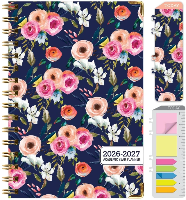 Main image of HARDCOVER Academic Year 2026-2027 Planner: 14 Months (May 2026 Through June 2027) 5.5"x 8" Daily Weekly Monthly Planner Yearly Agenda. Bookmark, Pocket Folder and Sticky Note Set (Small Navy Floral)