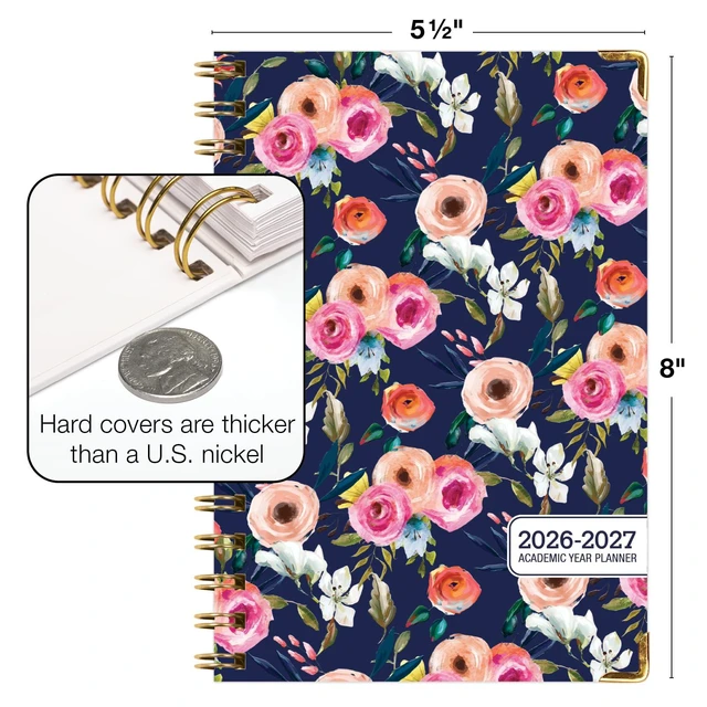 Alt view image 3 of 7 - HARDCOVER Academic Year 2026-2027 Planner: 14 Months (May 2026 Through June 2027) 5.5"x 8" Daily Weekly Monthly Planner Yearly Agenda. Bookmark, Pocket Folder and Sticky Note Set (Small Navy Floral)