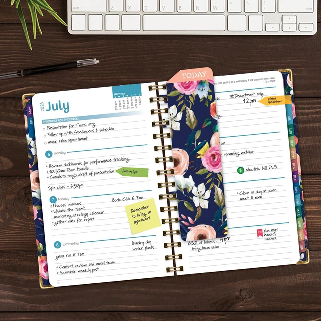 Alt view image 2 of 7 - HARDCOVER Academic Year 2026-2027 Planner: 14 Months (May 2026 Through June 2027) 5.5"x 8" Daily Weekly Monthly Planner Yearly Agenda. Bookmark, Pocket Folder and Sticky Note Set (Small Navy Floral)