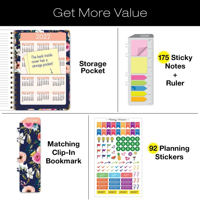 Alt view image 4 of 7 - HARDCOVER Academic Year 2026-2027 Planner: 14 Months (May 2026 Through June 2027) 5.5"x 8" Daily Weekly Monthly Planner Yearly Agenda. Bookmark, Pocket Folder and Sticky Note Set (Small Navy Floral)