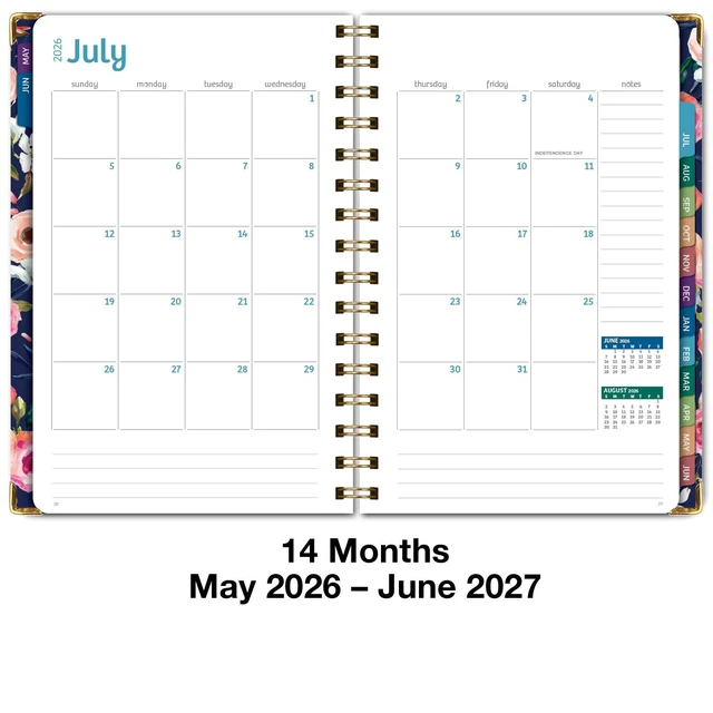 Alt view image 5 of 7 - HARDCOVER Academic Year 2026-2027 Planner: 14 Months (May 2026 Through June 2027) 5.5"x 8" Daily Weekly Monthly Planner Yearly Agenda. Bookmark, Pocket Folder and Sticky Note Set (Small Navy Floral)