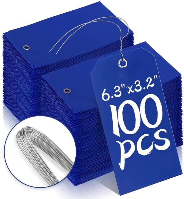 Main image of 100 Pieces Plastic Shipping Tags with Wires Blank Labeling Tags Waterproof Hang Tags with Reinforcement Hole Durable Wire Tags Labels Stacking Tags for Equipment Parts (Dark Blue, 6 1/4" x 3 1/8")