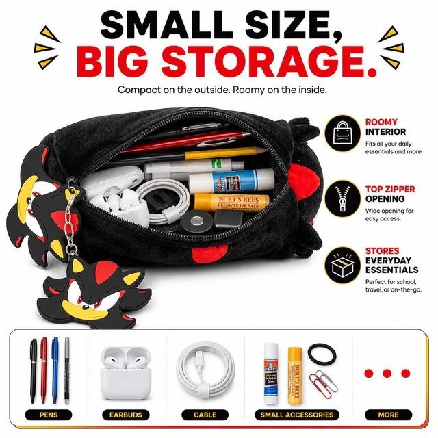 Alt view image 3 of 7 - Shadow Soft Plush Multi-Function Storage Case, Sonic The Hedgehog Plush Bag Charm with 3D Features, Black