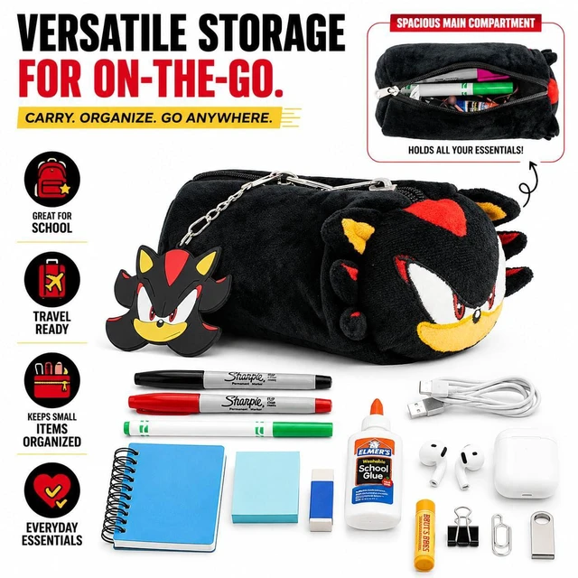 Alt view image 6 of 7 - Shadow Soft Plush Multi-Function Storage Case, Sonic The Hedgehog Plush Bag Charm with 3D Features, Black