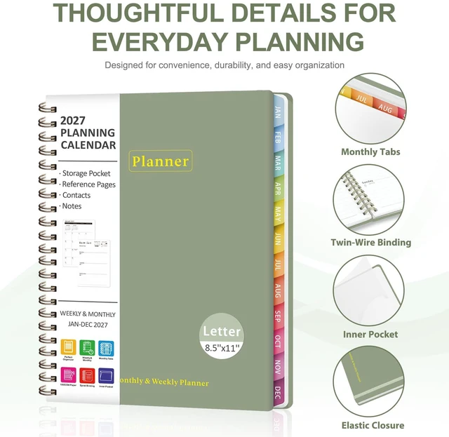 Alt view image 4 of 7 - 2027 Planner, Weekly and Monthly Calendar Planner Book, JAN 2027 - DEC 2027 Letter(8.5'' x 11''), Hardcover, Sprial Bound, Inner Pocket, Office and School Use, Back to School Supplies