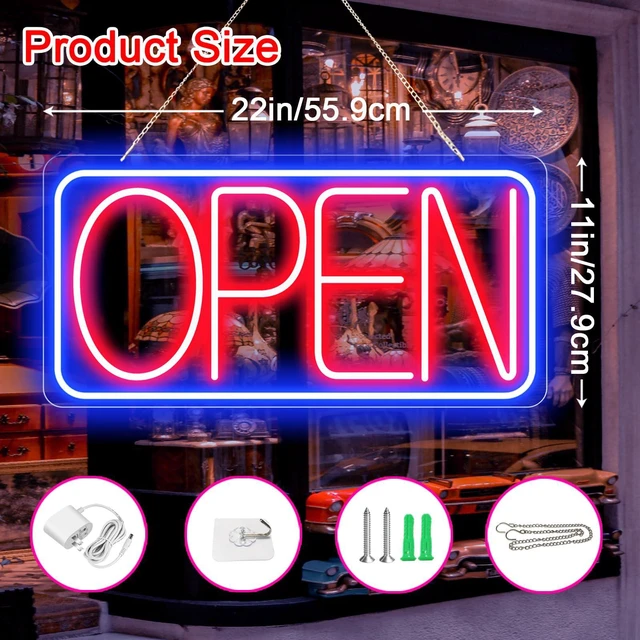 Alt view image 2 of 7 - 22" X 11" Led Neon Open Signs for Business Ultra Bright Plug In Electric Light Up Large Open Signs with ON/OFF Switch and 12V/2A AC Adapter for Storefront Window Bar Salon Coffee Stores (Horizontal)