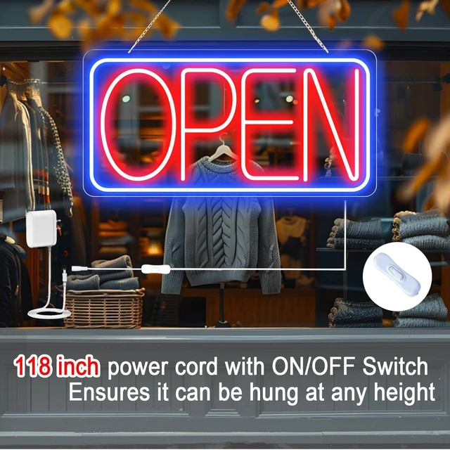 Alt view image 5 of 7 - 22" X 11" Led Neon Open Signs for Business Ultra Bright Plug In Electric Light Up Large Open Signs with ON/OFF Switch and 12V/2A AC Adapter for Storefront Window Bar Salon Coffee Stores (Horizontal)