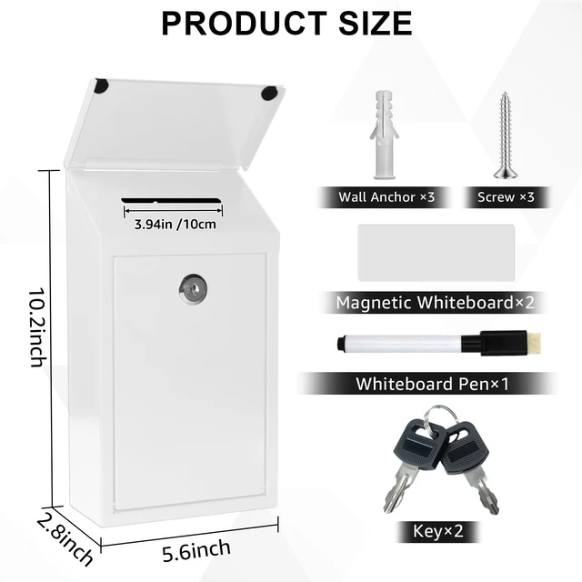 Alt view image 2 of 7 - Metal Cash Box 10.2" with 2 Magnetic Whiteboard, White 2 Reusable Magnetic Board, 1 Dry-Erase Marker, Waterproof Lid, 3.94in Slot, 3 Keys for Farm Stands & Donation