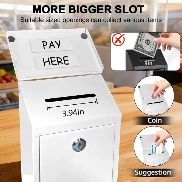 Alt view image 3 of 7 - Metal Cash Box 10.2" with 2 Magnetic Whiteboard, White 2 Reusable Magnetic Board, 1 Dry-Erase Marker, Waterproof Lid, 3.94in Slot, 3 Keys for Farm Stands & Donation