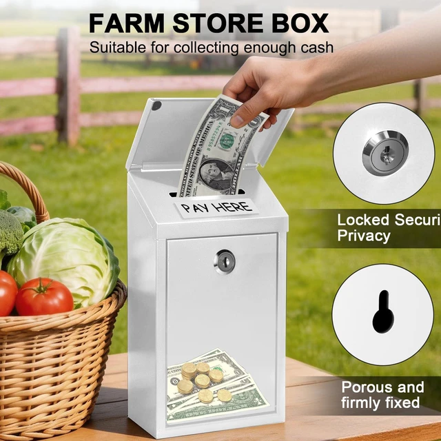 Alt view image 5 of 7 - Metal Cash Box 10.2" with 2 Magnetic Whiteboard, White 2 Reusable Magnetic Board, 1 Dry-Erase Marker, Waterproof Lid, 3.94in Slot, 3 Keys for Farm Stands & Donation