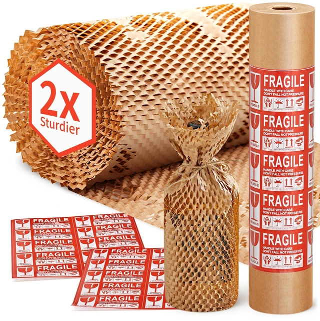 Main image of Honeycomb Packing Paper, 15" x 131' Bubble Wrap Roll for Packing Eco-Friendly Honeycomb Packing Paper, Durable Cushioning For Shipping&Moving, W/ 20 Fragile Sticker Labels For Fragile Goods