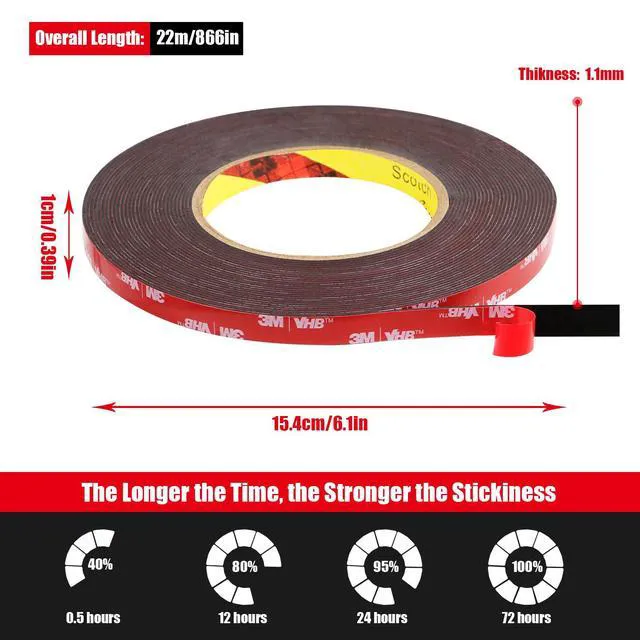 Alt view image 6 of 7 - Double Sided Tape Heavy Duty, Waterproof Mounting Foam Tape, 73ft Length, 0.4in Width, High Temperature Resistant Adhesive Tape for Car, LED Strip Light, Office Decor, Uses VHB 5952 Raw Material
