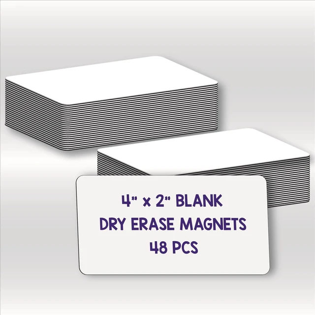 Main image of Blank Magnetic Dry Erase Magnets Labels, 4" x 2", 48 Pack Erasable Magnets for Whiteboard, Multipurpose White Magnetic Labels to Write On, For Classroom, Home, Education, Office