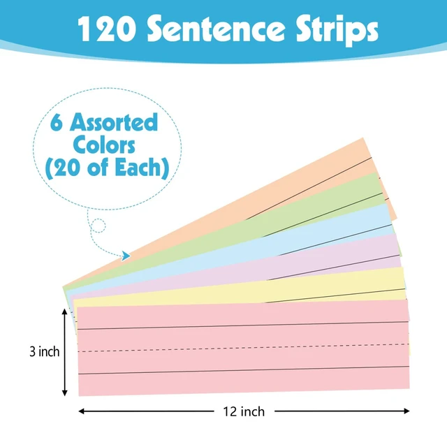 Alt view image 2 of 7 - 120 Pcs Sentence Strips, 3 x 12 Inch Ruled Cardstock, Pastel Colors For Word Building, Sentence Practice, Bulletin Boards; 6 Pastel Colors, Double-Sided Writing Cardstock