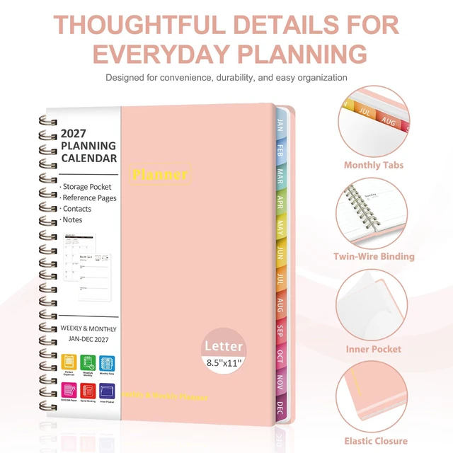 Alt view image 4 of 7 - 2027 Planner, Weekly and Monthly Calendar Planner Book, JAN 2027 - DEC 2027 Letter(8.5'' x 11''), Hardcover, Sprial Bound, Inner Pocket, Office and School Use, Back to School Supplies