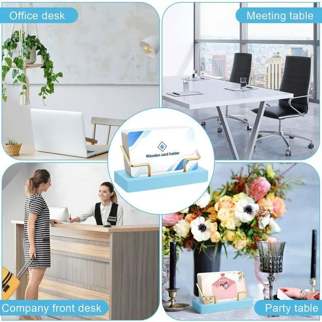 Alt view image 3 of 7 - 2 Pcs Wood Business Card Holder Display for Desk Gold Card Stand Wooden Business Card Display, Business Card Desk Organizer Holder, Stand Postcard Holder for Office Home Desktop, Blue Color