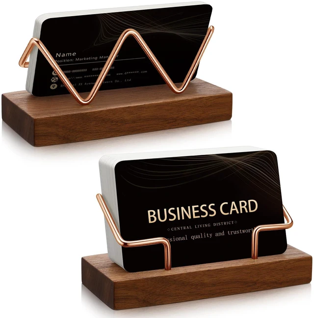 Main image of 2 Pieces Wood Business Card Holder for Desk,Walnut Color, Rose Gold Wooden Holders with Metal Stand, Office Desktop Organizer, Card Reception Display, Vertical Easy Access Design