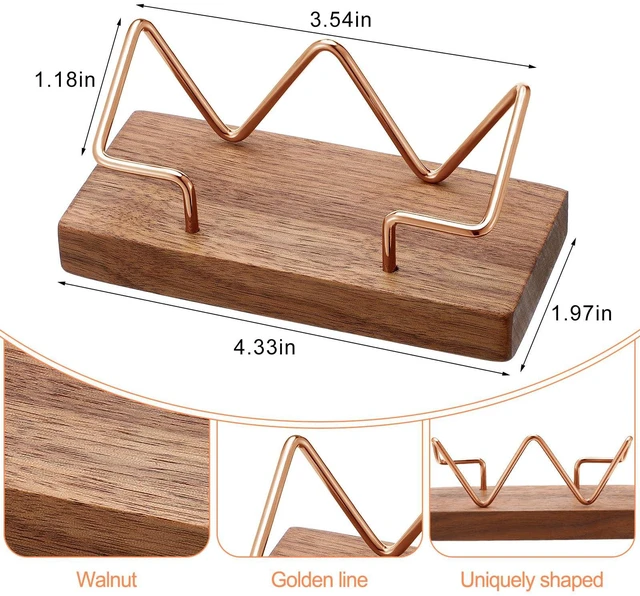 Alt view image 2 of 7 - 2 Pieces Wood Business Card Holder for Desk,Walnut Color, Rose Gold Wooden Holders with Metal Stand, Office Desktop Organizer, Card Reception Display, Vertical Easy Access Design
