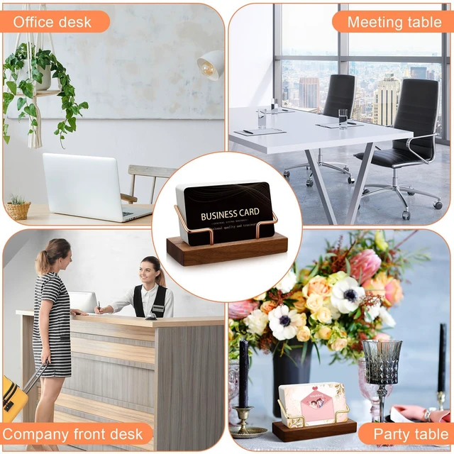 Alt view image 4 of 7 - 2 Pieces Wood Business Card Holder for Desk,Walnut Color, Rose Gold Wooden Holders with Metal Stand, Office Desktop Organizer, Card Reception Display, Vertical Easy Access Design