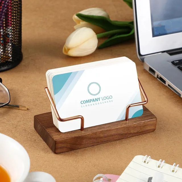 Alt view image 3 of 7 - 2 Pieces Wood Business Card Holder for Desk,Walnut Color, Rose Gold Wooden Holders with Metal Stand, Office Desktop Organizer, Card Reception Display, Vertical Easy Access Design