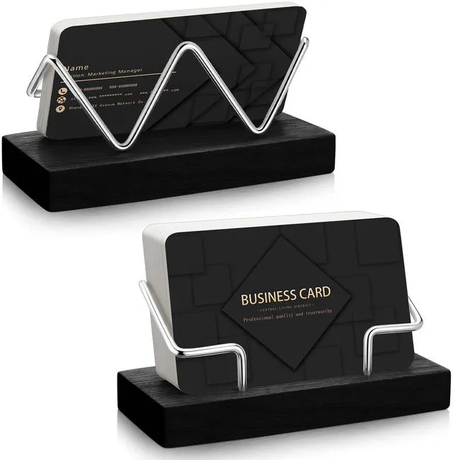 Main image of 2 Pieces Wood Business Card Holder for Desk,Black, Silver Wooden Holders with Metal Stand, Office Desktop Organizer, Card Reception Display, Vertical Easy Access Design
