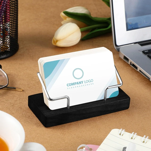 Alt view image 3 of 7 - 2 Pieces Wood Business Card Holder for Desk,Black, Silver Wooden Holders with Metal Stand, Office Desktop Organizer, Card Reception Display, Vertical Easy Access Design