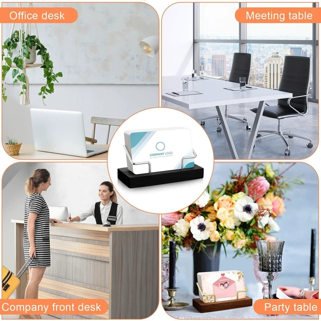 Alt view image 4 of 7 - 2 Pieces Wood Business Card Holder for Desk,Black, Silver Wooden Holders with Metal Stand, Office Desktop Organizer, Card Reception Display, Vertical Easy Access Design
