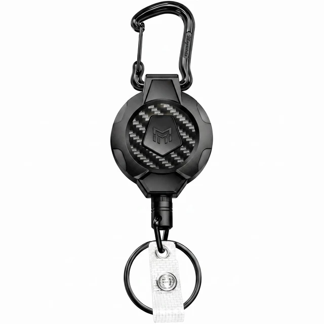 Main image of Heavy Duty Retractable Keychain, 10 OZ Retraction Strong Stainless Spring Lanyard Badge Reel Carabiner Clip Carbon Fiber Badge Holder for Key Ring Tools Work Everyday Carry Commute