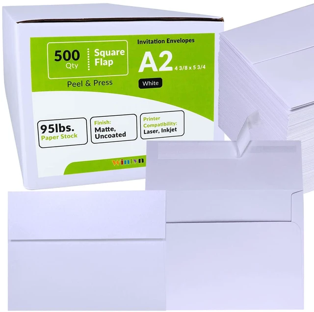 Main image of 500 Pcs Bulk A2 Invitation Envelopes in White Peel & Press Self Seal 4 3/8 x 5 3/4 Square Flap Envelopes RSVP Return Envelopes 95lb. for Announcement Mailing 4x5 Greeting Cards Photo 1/4 Fold Cards