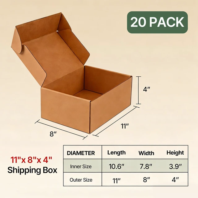 Alt view image 3 of 7 - 20 Pack 11x8x4 Inch Brown Shipping Boxes, Corrugated Cardboard Mailer Boxes for Small Business Packaging, Easy-to-Fold Design for Mailing, Gift Wrapping, and Everyday Organizing