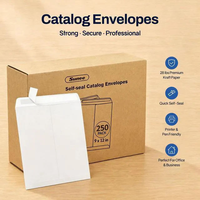 Alt view image 7 of 7 - 9 x 12 Catalog Envelopes Self Seal, Security Mailing Envelopes, 28lb White Paper, Ultra Strong Quick-Seal for Documents, Office & Business Use, 250 Pack