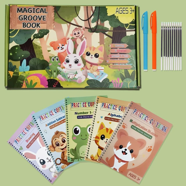 Alt view image 2 of 7 - Reusable Grooved Handwriting Workbooks,Magic Copybook,Magic Writing Practice Copy Books, to Help Children Improve Their Handwriting Ink Practice Age 3-8 Calligraphy for Kids(5-Book Gift Set)