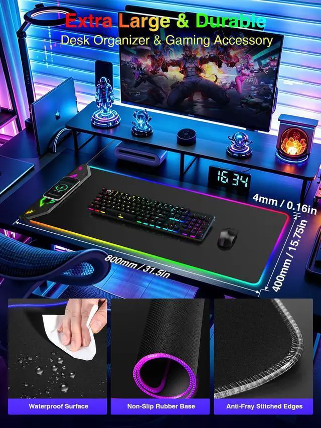 Alt view image 2 of 7 - Magnetic Wireless Charging Mouse Pad Gaming, 31.5"x15.8" Large Desk Mat RGB Mousepad, Smooth Glide, Stitched Edge, Non-Slip Rubber Base, Desk Pad Computer Keyboard Mat, No Adapter