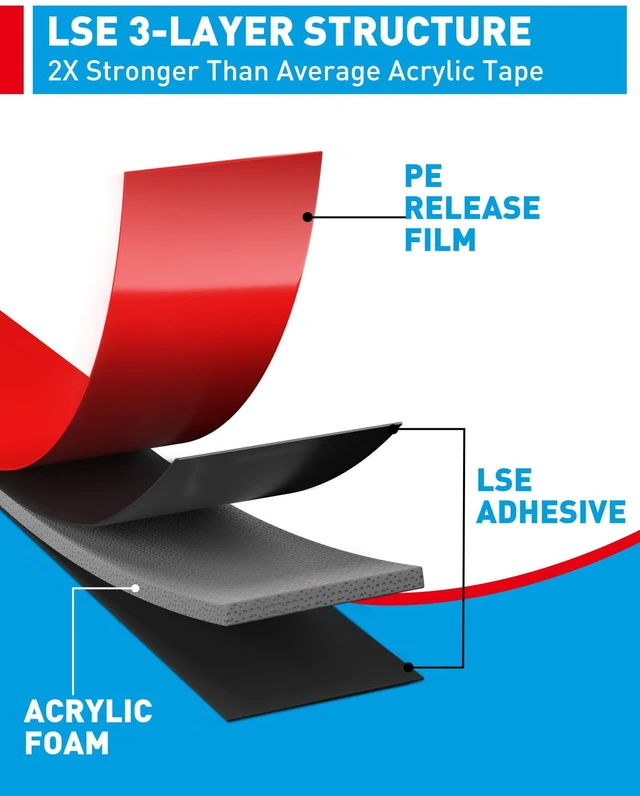 Alt view image 2 of 7 - 0.39IN x 36FT(2 Pack) Double Sided Tape Heavy Duty Tesa Waterproof & Weatherproof, LSE Tech Bonds to Plastic, Glass, Metal, Wood, For Home, Office, Car, Damage-Free Removal