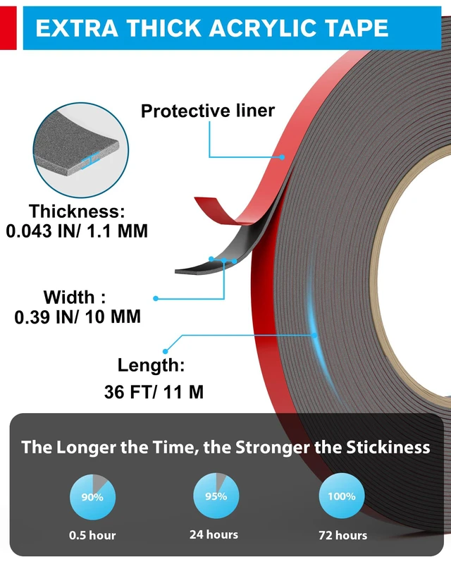 Alt view image 6 of 7 - 0.39IN x 36FT(2 Pack) Double Sided Tape Heavy Duty Tesa Waterproof & Weatherproof, LSE Tech Bonds to Plastic, Glass, Metal, Wood, For Home, Office, Car, Damage-Free Removal