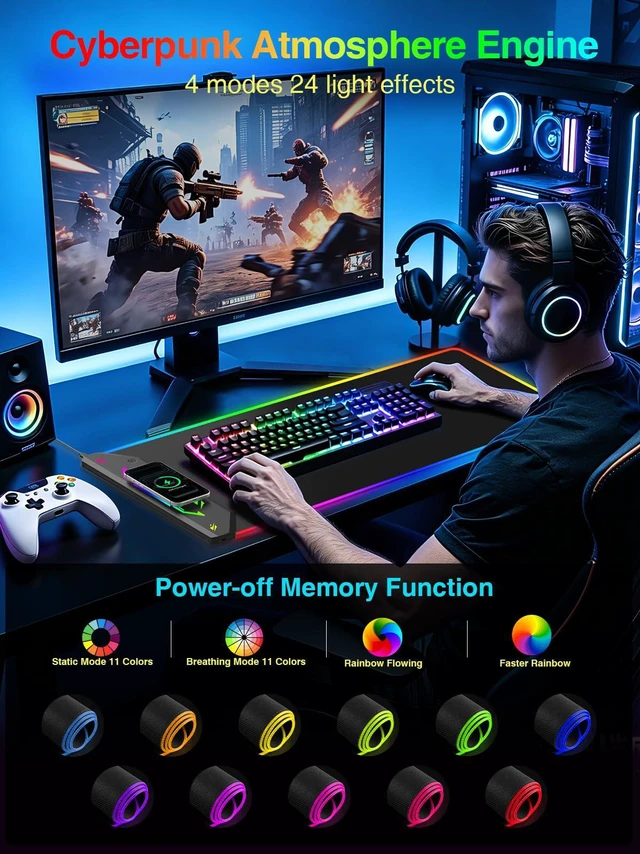 Alt view image 3 of 7 - Magnetic Wireless Charging Mouse Pad Gaming, 31.5"x15.8" Large Desk Mat RGB Mousepad, Smooth Glide, Stitched Edge, Non-Slip Rubber Base, Desk Pad Computer Keyboard Mat, No Adapter