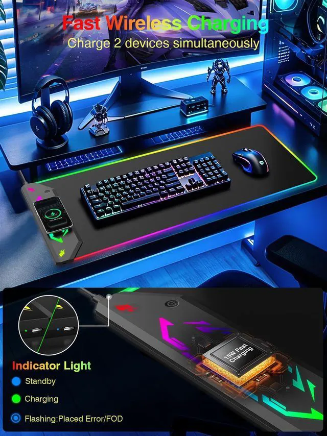 Alt view image 4 of 7 - Magnetic Wireless Charging Mouse Pad Gaming, 31.5"x15.8" Large Desk Mat RGB Mousepad, Smooth Glide, Stitched Edge, Non-Slip Rubber Base, Desk Pad Computer Keyboard Mat, No Adapter