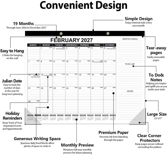 Alt view image 3 of 7 - Large Desk Calendar 2026-2027, 19 Months, 22" x 17" Desktop Wall Calendar (Jun 2026-Dec 2027) with Julian Date To-do & Notes Monthly Goals for School Home Office