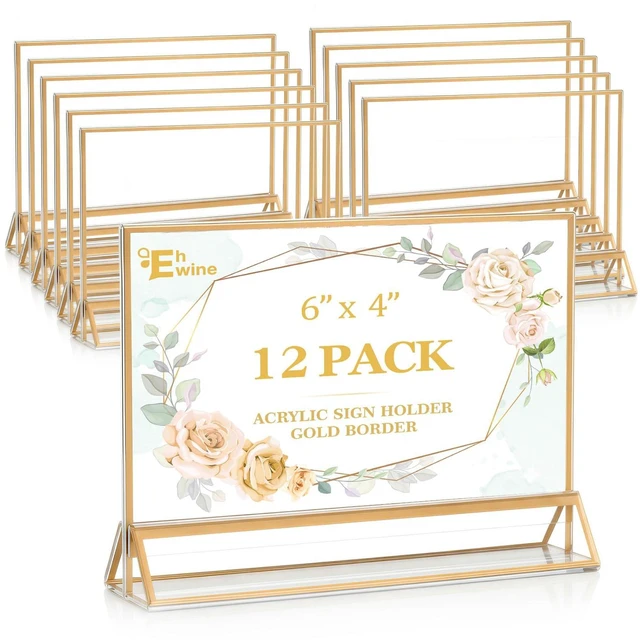 Main image of 12 Pack Acrylic Sign Holder 4 x 6 Horizontal, Double-Sided Stand up Table Top Sign Holders, Gold Acrylic Picture Frame Menu Flyer Paper Holder Display Stand for Office Business Store Wedding Party