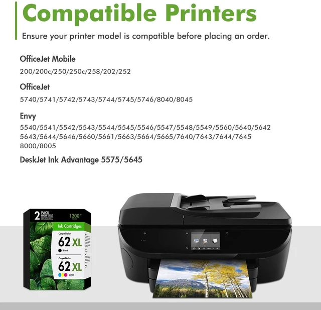 Alt view image 2 of 6 - 62XL Ink Cartridges Black and Color Combo Pack for HP 62 Envy 7640 5660 Ink Replacement for HP62XL black/tricolor high yield ink for HP Envy 7640 5660 7645 5540 5740 5660 OfficeJet 200 250 Printer