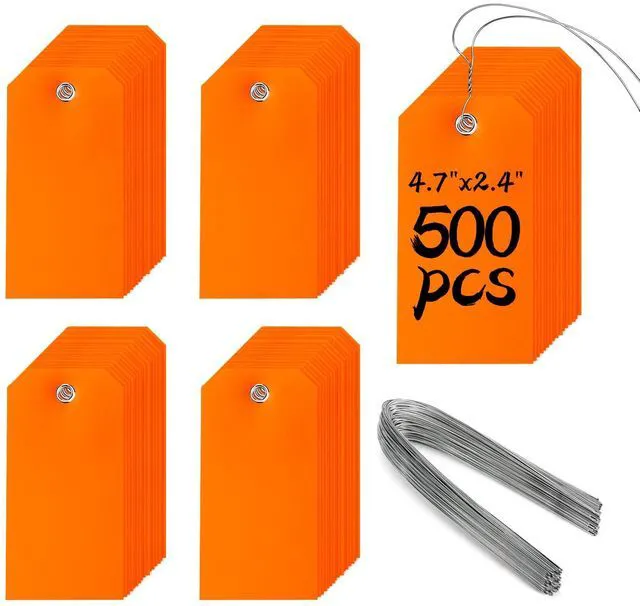 Main image of 500 Plastic Shipping Tags with Wire - Waterproof Heavy Duty Labels with String Wires - Orange, 4 3/4 x 2 3/8