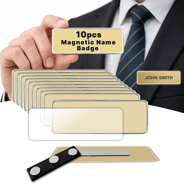 Main image of 10 Pack DIY Reusable Magnetic Name Badge Holder + Clear Acrylic Cover Customizable, Printable Magnetic Employee Name tags for Hotel, Restaurant, Office, School, Clinic & Retail. Gold, 1" x 3"
