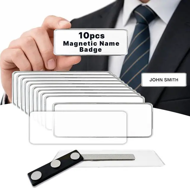 Main image of 10 Pack DIY Reusable Magnetic Name Badge Holder + Clear Acrylic Cover Customizable, Printable Magnetic Employee Name tags for Hotel, Restaurant, Office, School, Clinic & Retail. White, 1" x 3"