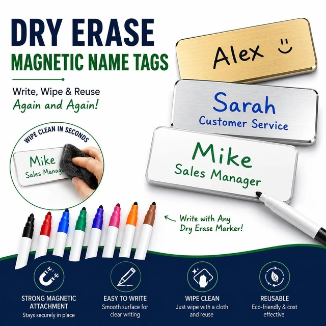 Alt view image 4 of 7 - 10 Pack DIY Reusable Magnetic Name Badge Holder + Clear Acrylic Cover Customizable, Printable Magnetic Employee Name tags for Hotel, Restaurant, Office, School, Clinic & Retail. Gold, 1.5" x 3"
