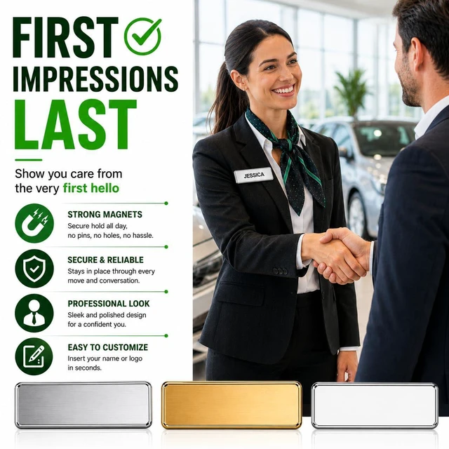 Alt view image 5 of 7 - 10 Pack DIY Reusable Magnetic Name Badge Holder + Clear Acrylic Cover Customizable, Printable Magnetic Employee Name tags for Hotel, Restaurant, Office, School, Clinic & Retail. Gold, 1.5" x 3"