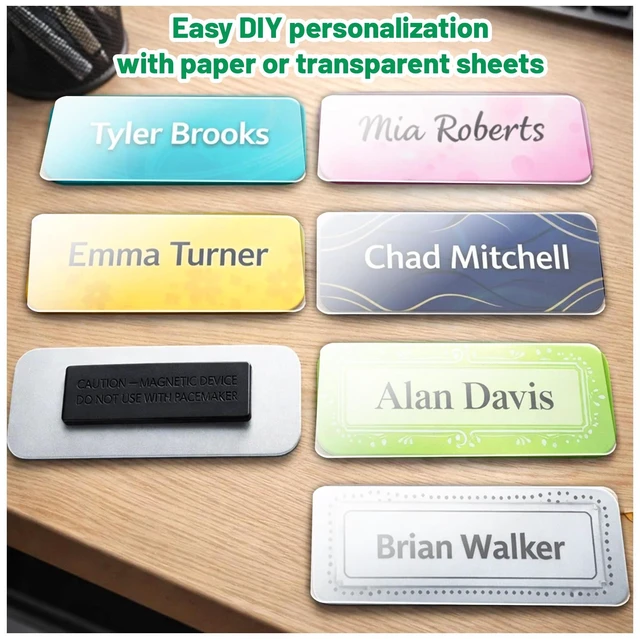 Alt view image 6 of 7 - 10 Pack DIY Reusable Magnetic Name Badge Holder + Clear Acrylic Cover Customizable, Printable Magnetic Employee Name tags for Hotel, Restaurant, Office, School, Clinic & Retail. Gold, 1.5" x 3"