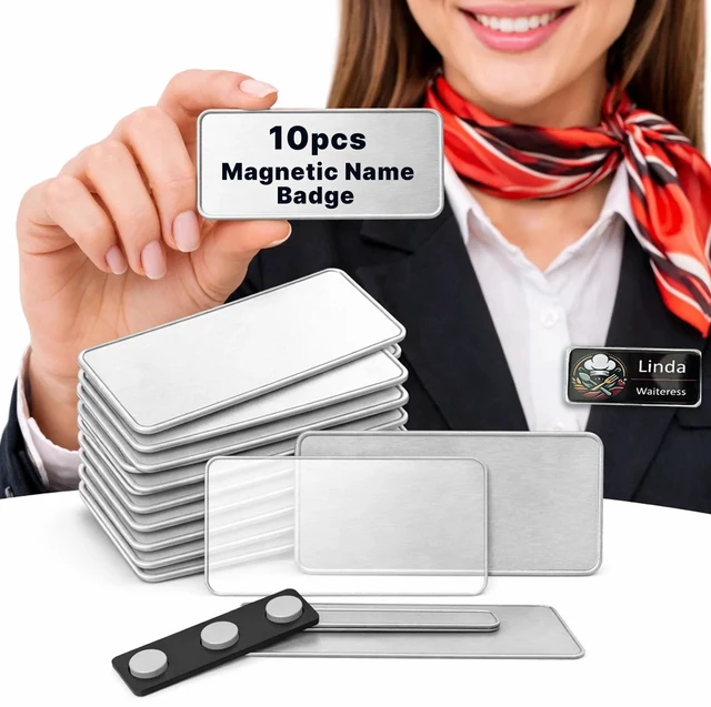Main image of 10 Pack DIY Reusable Magnetic Name Badge Holder + Clear Acrylic Cover Customizable, Printable Magnetic Employee Name tags for Hotel, Restaurant, Office, School, Clinic & Retail. Silver, 1.5" x 3"
